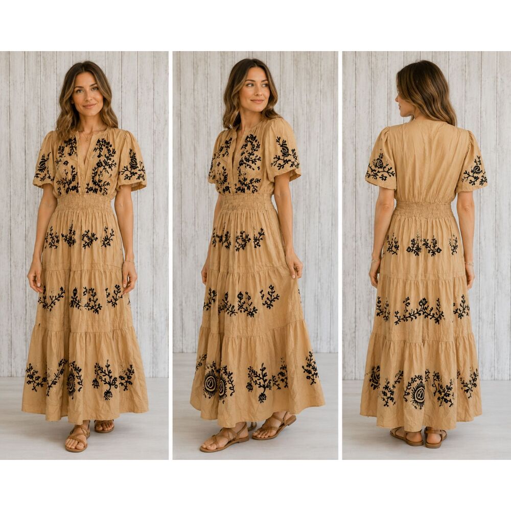 Anthropologie Somerset Embroidered Maxi Dress 3X Tan Smocked Tiered Plus Size